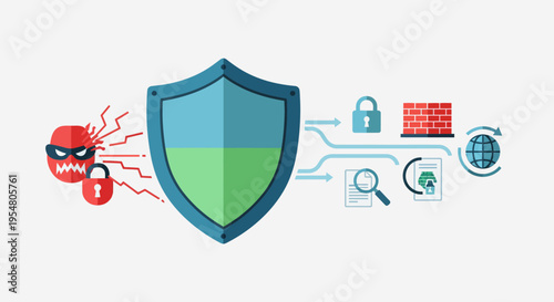 Cybersecurity shield protecting against digital threats like malware and hacking, with icons for security and data protection