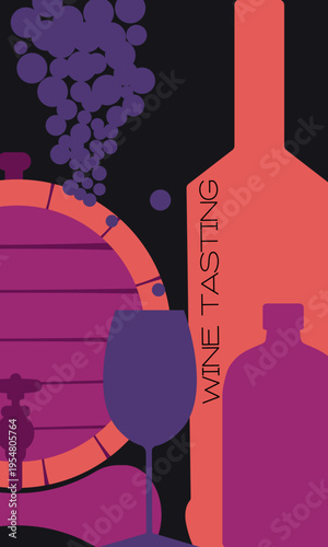 Creative retro-minimalist poster depicting an evening with a glass of wine. Silhouettes of a bottle and glass against a stylized barrel create a cozy yet energetic mood thanks to the color choice