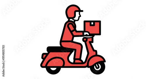 Delivery person riding a red scooter carrying a package on the back, symbolizing fast and efficient courier services and logistics