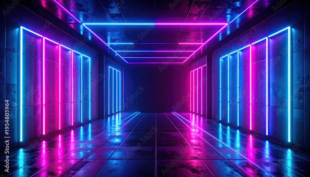 Fototapeta premium Futuristic corridor with neon lights glowing pink and blue creating an immersive technological walkway for modern architecture and digital designs