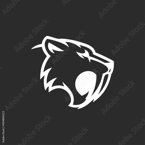 Logotipo con dibujo sencillo con líneas de la cabeza de un tigre dientes de sable en fondo oscuro 