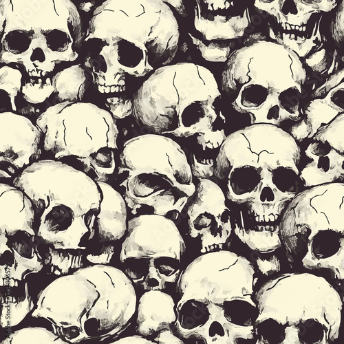 Seamless Halloween pattern with pumpkins, skulls, bats and spider webs in dark vintage style. Spooky detailed illustration perfect for seasonal backgrounds, textiles, prints and festive design.