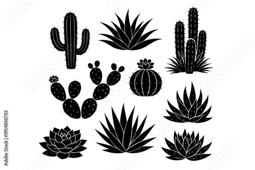 A comprehensive collection of diverse black silhouette vector illustrations featuring various desert plants including iconic cacti such as saguaro, prickly pear, barrel, and columnar forms, alongside