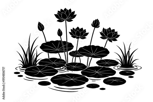 Black and White Lotus Pond Silhouette Vector Art featuring blooming water lilies, buds, lily pads, and reeds. This serene, minimalist graphic is ideal for tranquil botanical, Zen, nature-inspired desi