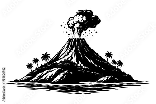 Black and white vector illustration of an erupting volcano on a tropical island, releasing ash and smoke into the sky, surrounded by palm trees and ocean waves. Dynamic silhouette art perfect for educ