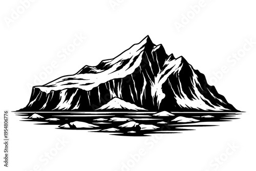 Majestic Black & White Mountain Peak Illustration Rising from Serene Waters, Featuring Rugged Ridges and Dramatic Cliffs, a Stark Vector Graphic Capturing Wild Northern Landscapes and Alpine Wildernes