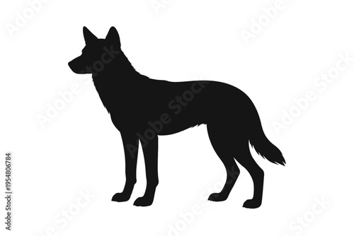 Dynamic black silhouette of a majestic, alert canine, potentially a wolf or a large dog breed such as a German Shepherd, standing proudly. This versatile vector image, on a crisp white background, emb