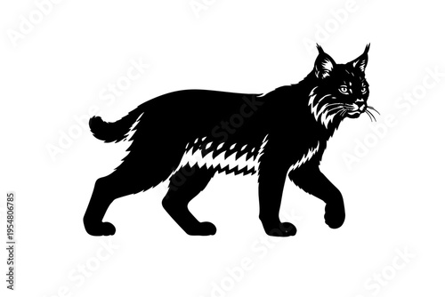 Striking black silhouette illustration of a majestic wild lynx or bobcat gracefully walking, featuring detailed ear tufts, whiskers, and a stylized fur pattern, perfect for logo design, wildlife conse