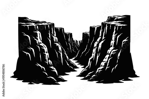 High-contrast black and white graphic illustration of a deep, winding canyon with towering cliff walls and a narrow river flowing through. Stark minimalist vector art capturing majestic natural landsc