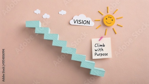 Creative visualization concept with paper stairs, clouds, sun, and motivational notes on pastel background for inspiration