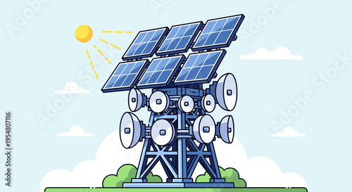 Renewable energy tower with solar panels and communication antennas under a sunny sky