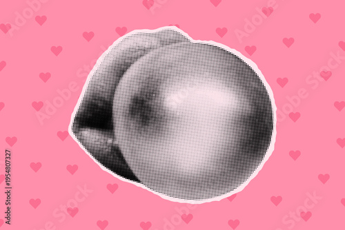 Halftone collage banner, cut out from magazine mouth with bubble gum. Paper lips, girly element on pink background with hearts, retro pop art style, cute.