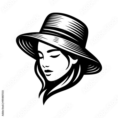 Logotipo boutique de moda. Dibujo de la cabeza de una mujer con un elegante sombrero vintage de paja