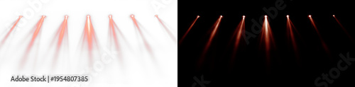 Seven red spotlights shining from above with glowing beams, creating a dramatic stage lighting effect. Isolated PNG overlay on split background, perfect for concerts, shows, and cinematic visuals.