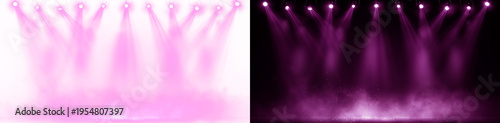 Multiple purple and pink spotlights with bright beams and haze smoke, creating a vibrant stage lighting effect. Isolated PNG overlay on split background, perfect for concerts, clubs, and event visuals