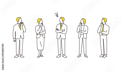 考えるビジネスチームの線画イラストセット