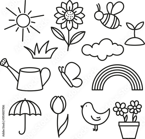 Wiosenne bazgroły. Ręcznie rysowane elementy z motywem wiosny. 