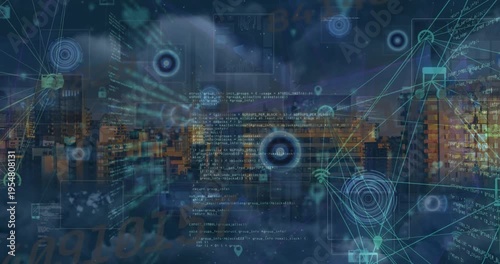 Animation of network of connections with icons over data processing
