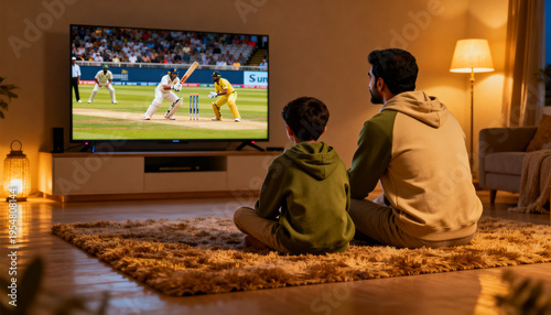 Watching dad and son in khaki and olive hoodies on shag rug, flat-screen TV showing cricket