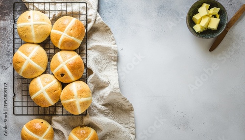 Top View of Freshly Baked Hot Cross Buns on Cooling Rack