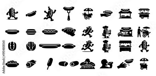 Hot Dog Silhouette Set – Fast Food Icons, Street Food, BBQ, Food Truck, Cartoon Mascot Collection