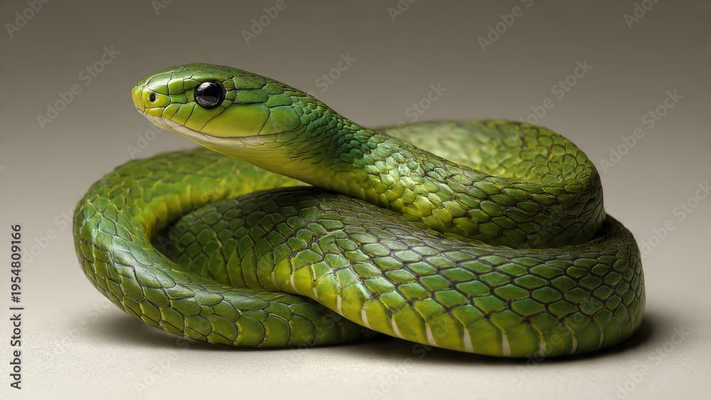 Fototapeta premium Vibrant Green Snake Coiled, Reptile Wildlife Close-up