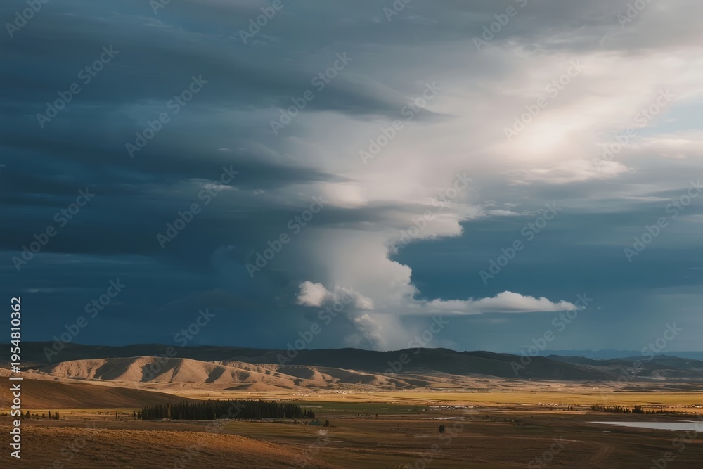 Fototapeta premium Storm clouds gathering over a vast desert landscape with distant mountains and flat plains