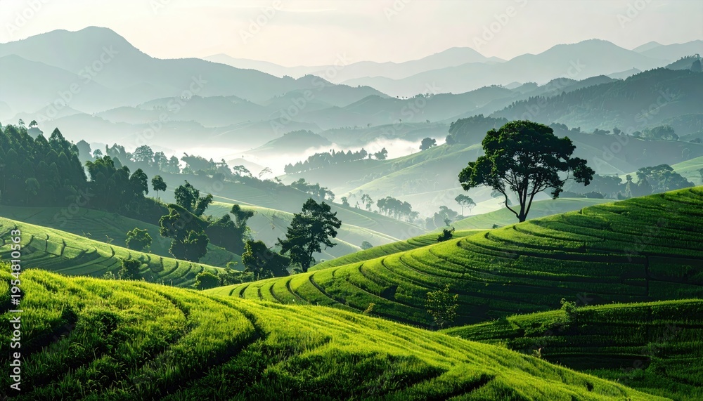Fototapeta premium Lush green tea plantations cascading across rolling hills under a misty sky in Rwanda creating a serene and picturesque landscape