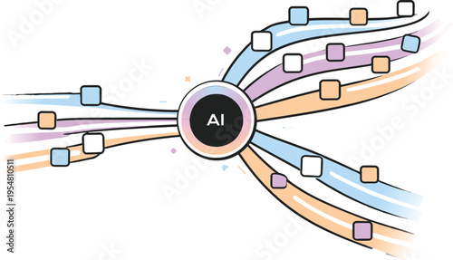 Artificial intelligence flow illustration with connected data nodes, machine learning pipeline and language model network, modern AI system diagram for automation, analytics, neural computing, tech pr