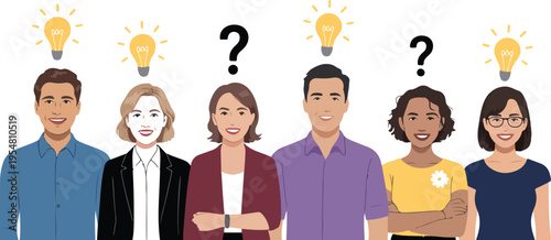 Diverse team of professional men and women with lightbulb and question mark icons for brainstorming idea generation and FAQ concept vector