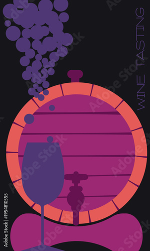 Flat design vector illustration dedicated to wine culture. Geometric shapes of the bottle and barrel blend harmoniously with the "Wine Tasting" text. The bright, modern execution style allows for the 
