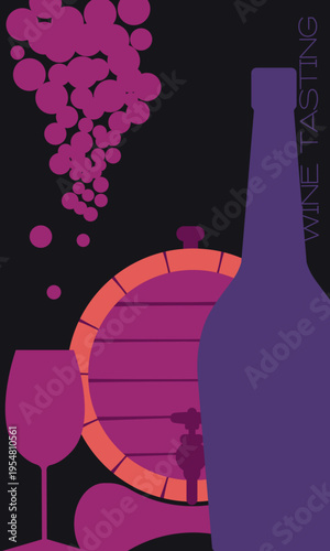 Abstract composition inspired by the atmosphere of a wine cellar and vineyards. The depiction of a barrel and wine equipment in deep purple and warm orange tones conveys the aesthetic of aged drinks