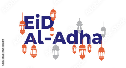 Elegant Eid Al-Adha greeting with hanging lanterns, celebrating the significant Islamic holiday in festive style