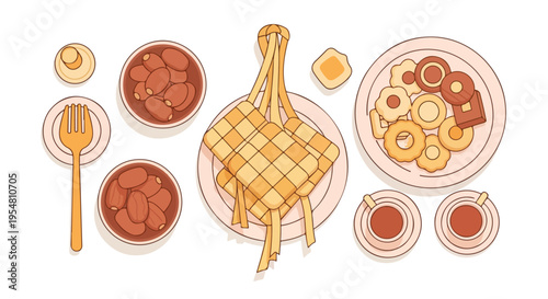 Flat lay illustration of a roasted chicken with various side dishes and condiments on a white background with warm tones.