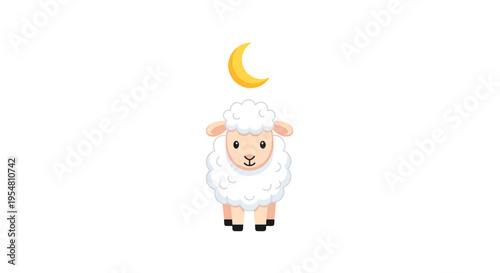Cute fluffy lamb sitting peacefully under a glowing crescent moon, perfect for children's designs, nursery decor, or whimsical bedtime stories