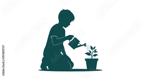Silhouette of a young child watering a small potted plant with a watering can, symbolizing growth and nurturing