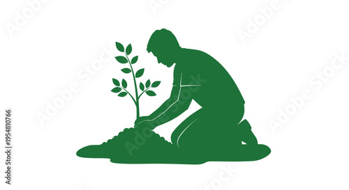 Environmental sustainability concept featuring a green silhouette of an individual carefully planting a young tree sapling in fertile soil, symbolizing growth and ecological restoration