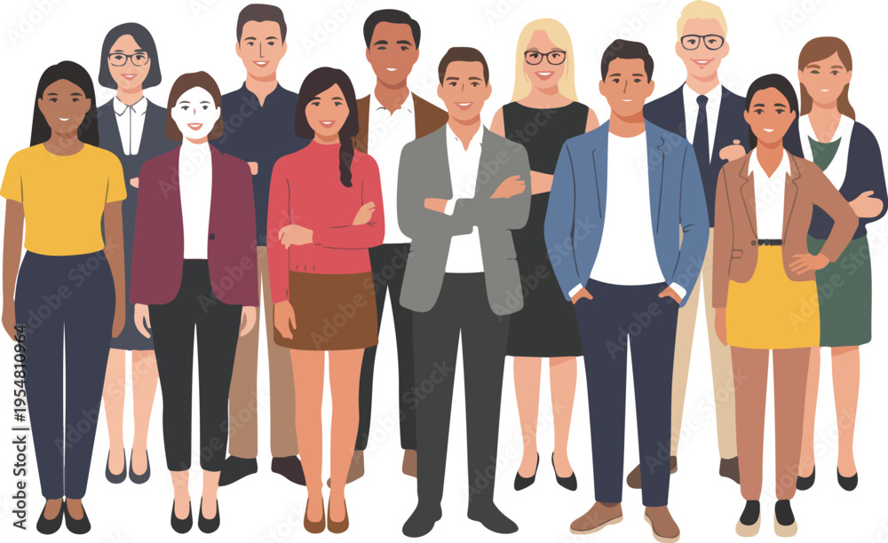 Obraz premium Group of diverse professional business people standing together in a flat vector illustration for corporate teamwork and community concepts.