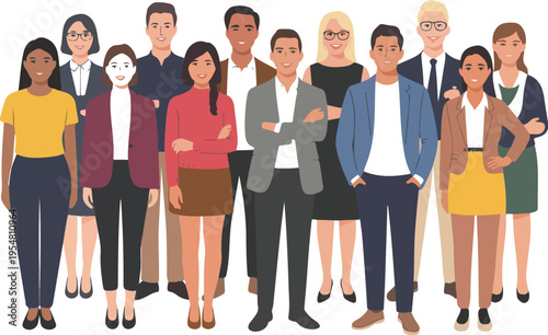 Group of diverse professional business people standing together in a flat vector illustration for corporate teamwork and community concepts.