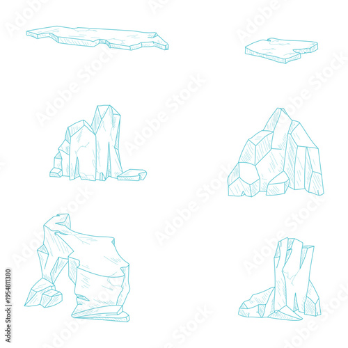 Iceberg, simple line drawing, hand-drawn sketch. Vector illustration. Set of ice blocks, isolated on a white background. Not AI