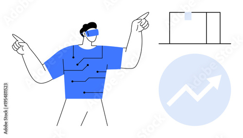 Virtual reality, technology interaction, digital innovation, financial growth, future trends, data analysis. Person with VR headset pointing at digital elements. Virtual reality and technology