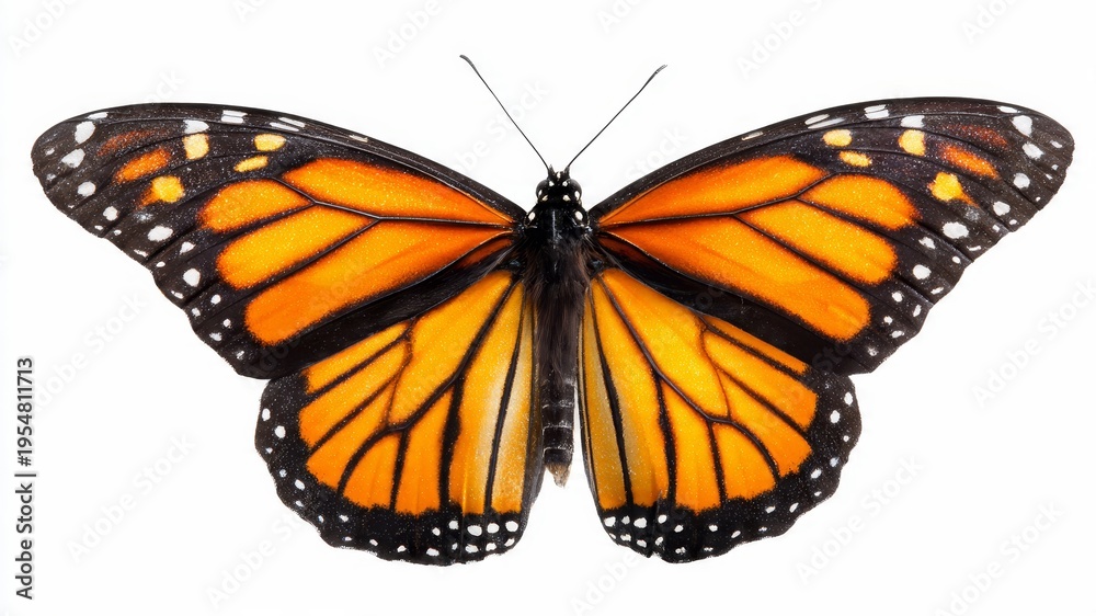 Obraz premium Monarch Butterfly with Orange and Black Wings Isolated on White Background - Studio Shot of a Beautiful Insect