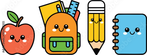 Cute kawaii back to school supplies vector set with happy apple backpack pencil and notebook characters for kids education design
