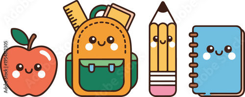 Cute kawaii back to school supplies vector set with happy apple backpack pencil and notebook characters for kids education design