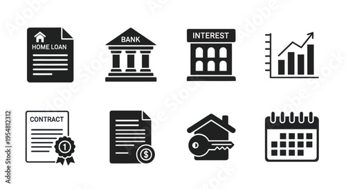 Home Loan Icons: Bank, Contract, Interest, Graph, Key, Calendar