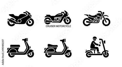 Motorcycle and Scooter Icons: Sportbike, Cruiser, Dirt Bike, Vespas, Electric Scooter