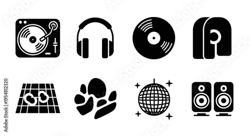 Dj equipment icons set: turntable, headphones, vinyl, equalizer, dance floor, speaker, disco ball
