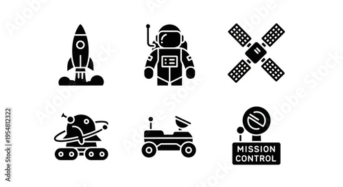 Space Exploration Icons: Rocket, Astronaut, Satellite, Rover, Mission Control