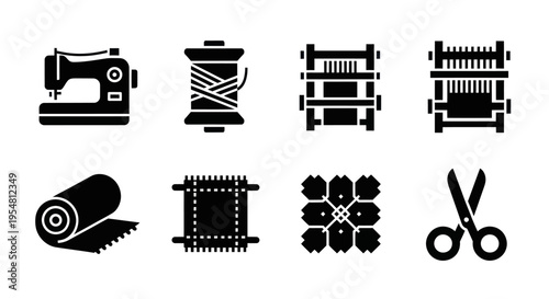 Sewing and Weaving Tools Icons: Sewing Machine, Thread Spool, Looms, Fabric, Scissors