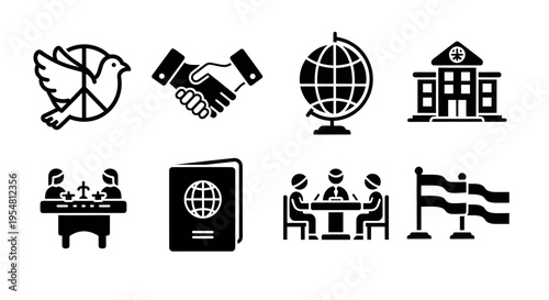 Set of Icons Representing Peace, Diplomacy, Justice, and Global Relations